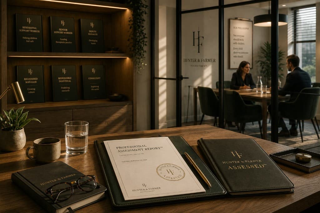 Professional assessment documents and materials on a Hunter & Farmer desk