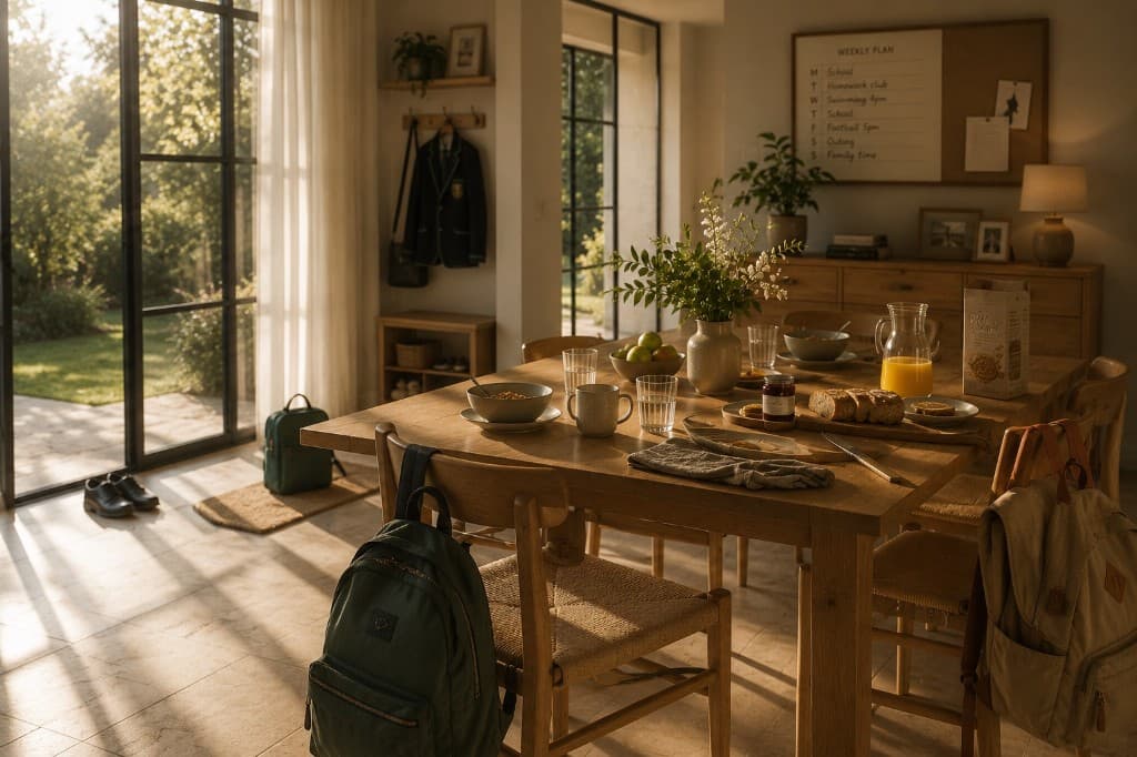A warm residential home with morning light streaming through garden doors