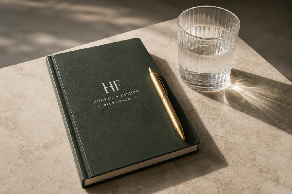 Hunter & Farmer branded notebook on a calm, considered workspace